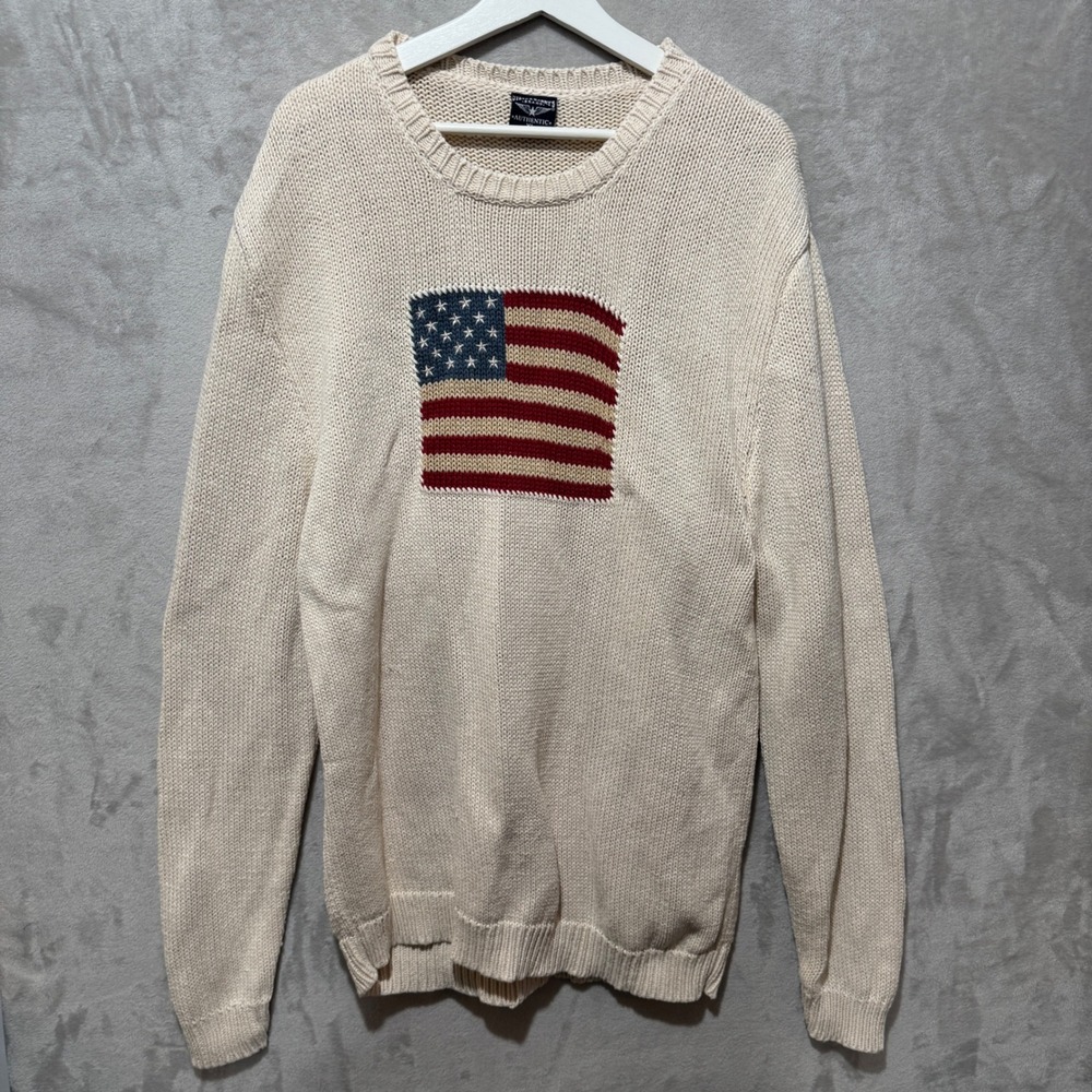Steve & Barrys American Flag Knit Sweater Mens XL Cream Ramie Cotton USA Graphic
